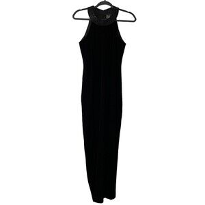 Alex Evenings Long Dress Black Velvet Beaded Halter Formal